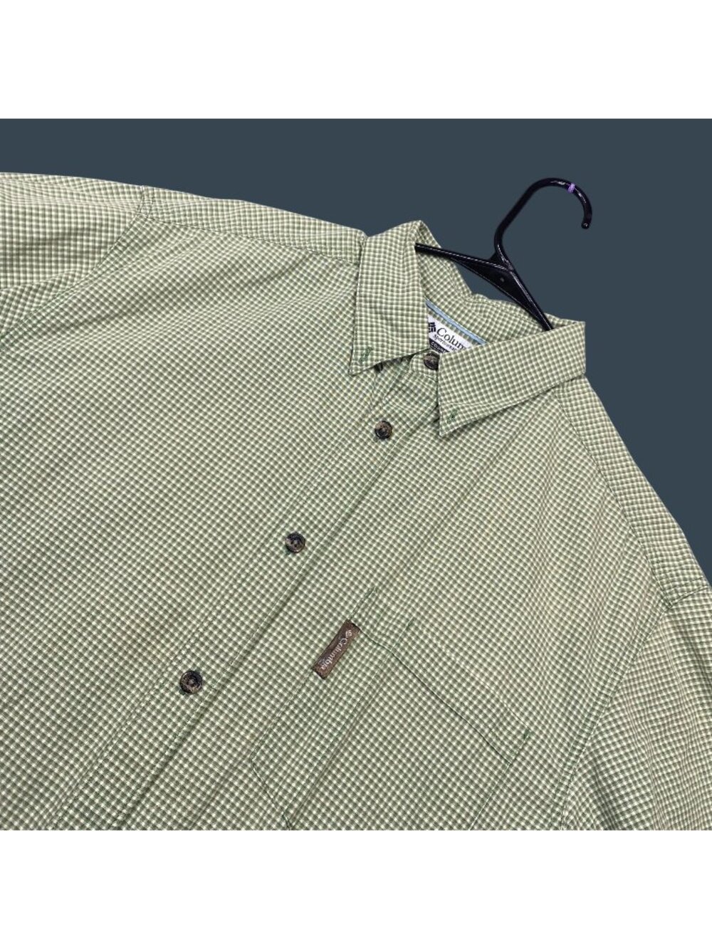 Columbia Mens Green Checkered Short Sleeve Button-down Shirt Size Large Casual